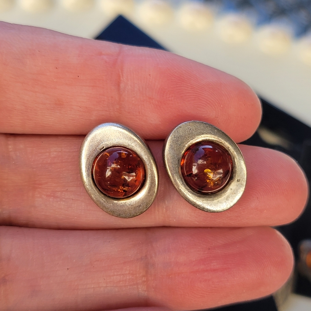 9 Pairs Sterling Vintage Amber Earrings Lot Bundle Estate Set - Picture 11 of 12
